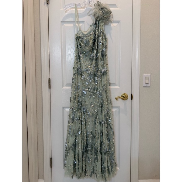 Mac Duggal Pale Mint One-Shoulder Sequin Floral Gown - Picture 3 of 10